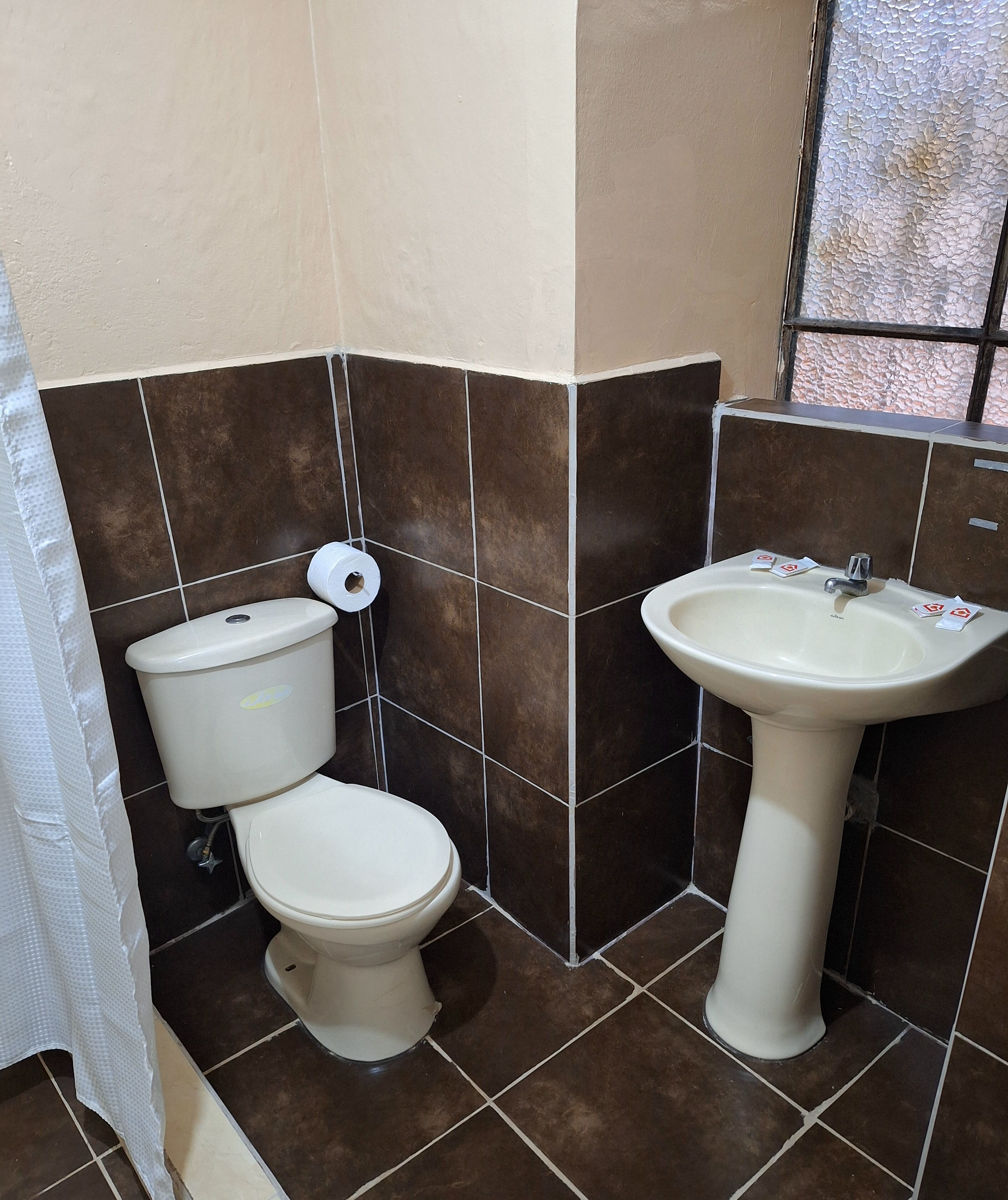 Un baño con inodoro y lavamanos, paredes de azulejos marrones y beige, y una ventana con vista texturizada.