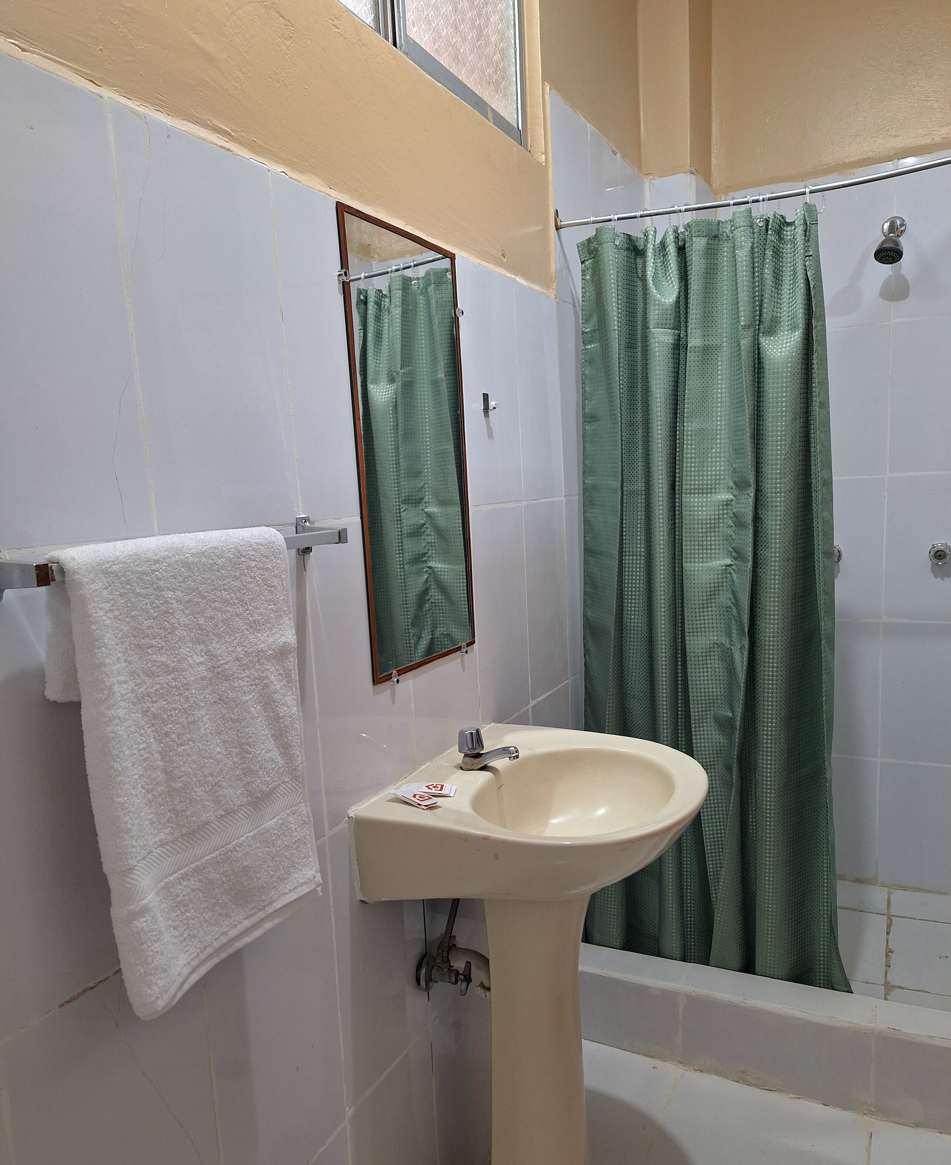 A bathroom with a sink, a towel rack, a mirror, and a shower curtain.