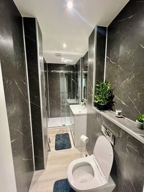 Dusche, Haartrockner, Handtücher, Seife