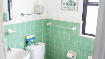 Shower, towels, soap, shampoo