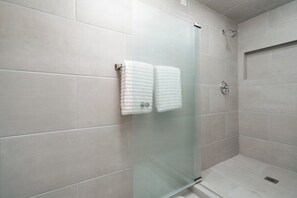 Hair dryer, towels, soap, shampoo