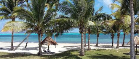 On the beach, sun loungers