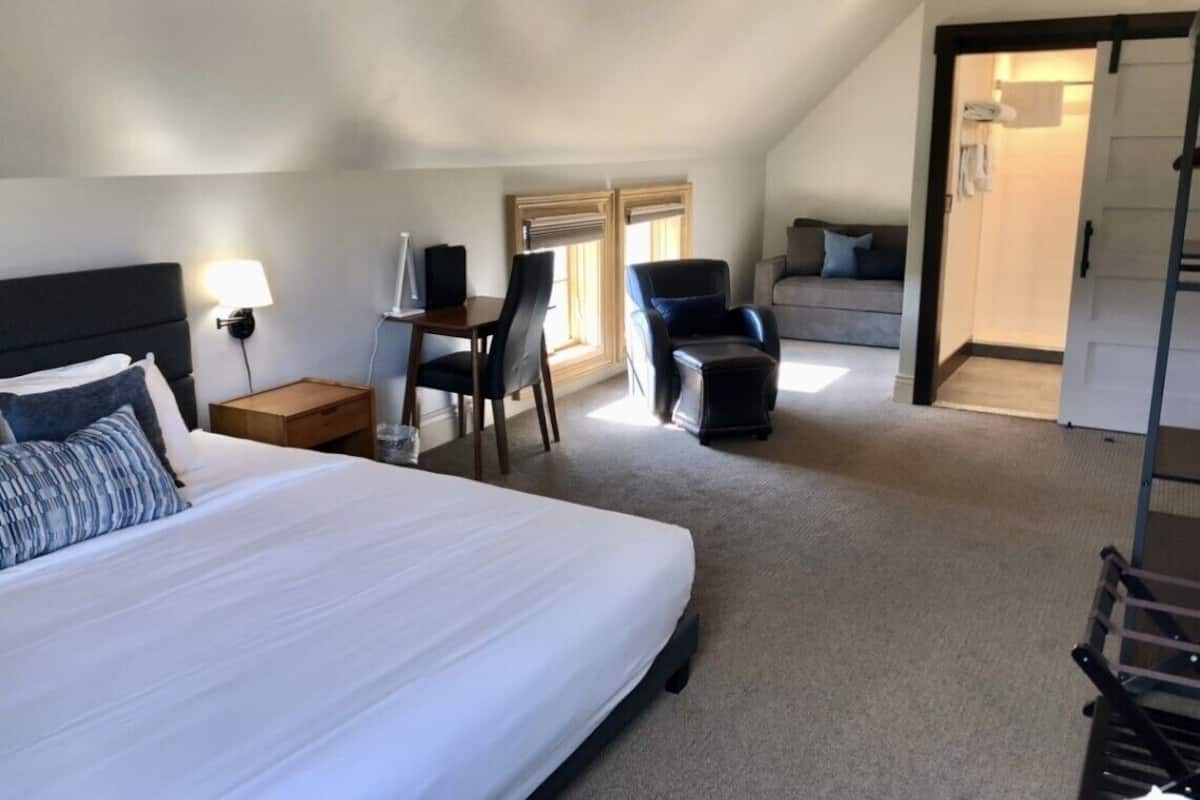 Quarto de hotel com uma cama grande, uma escrivaninha com cadeira, um sofá e zona de chuveiro.