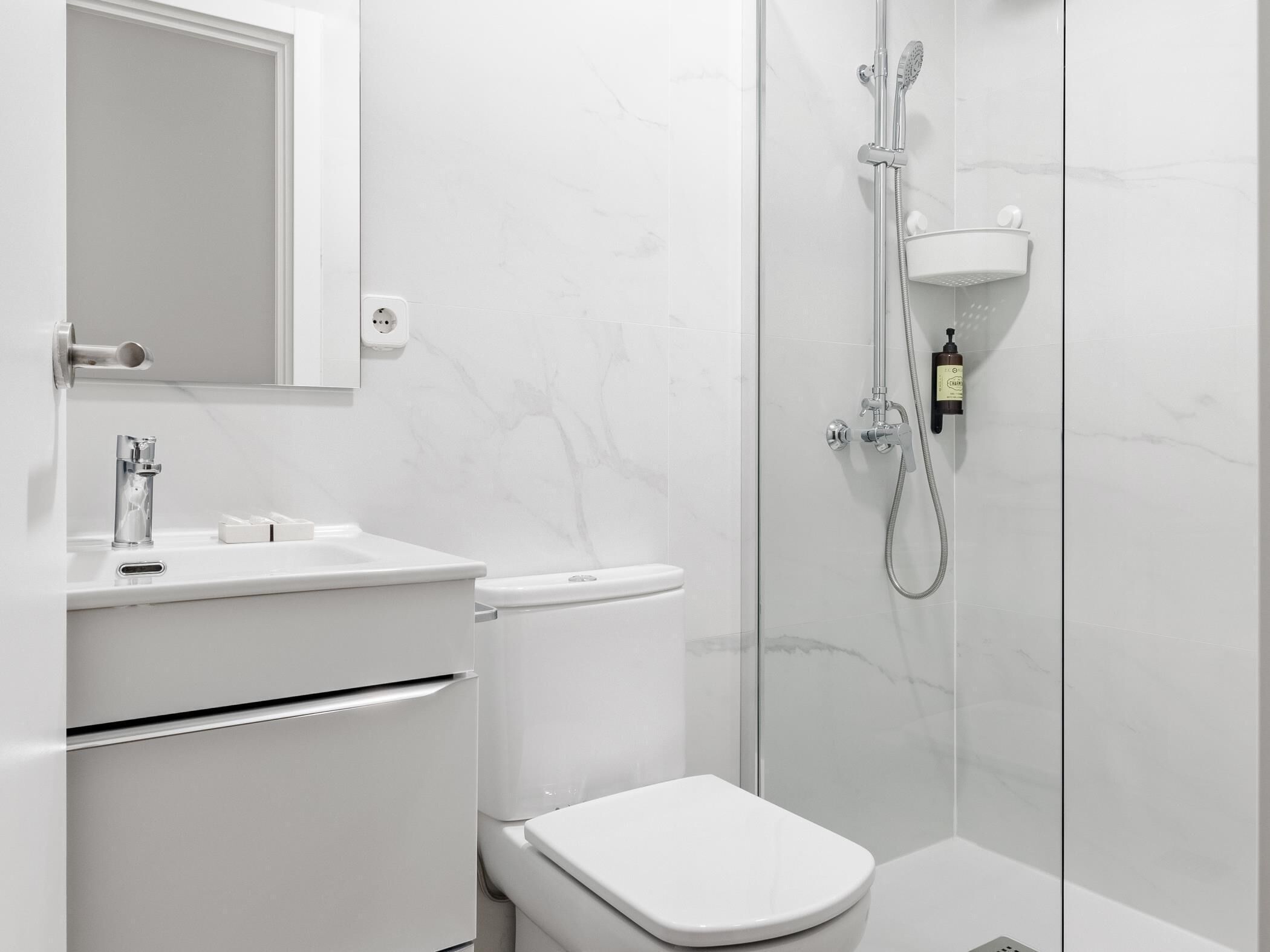 Regadera, secadora de cabello, toallas, jabón 