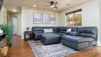 Smart TV, fireplace, DVD player, foosball