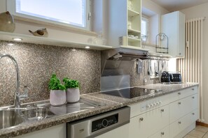 Fridge, oven, dishwasher, coffee/tea maker