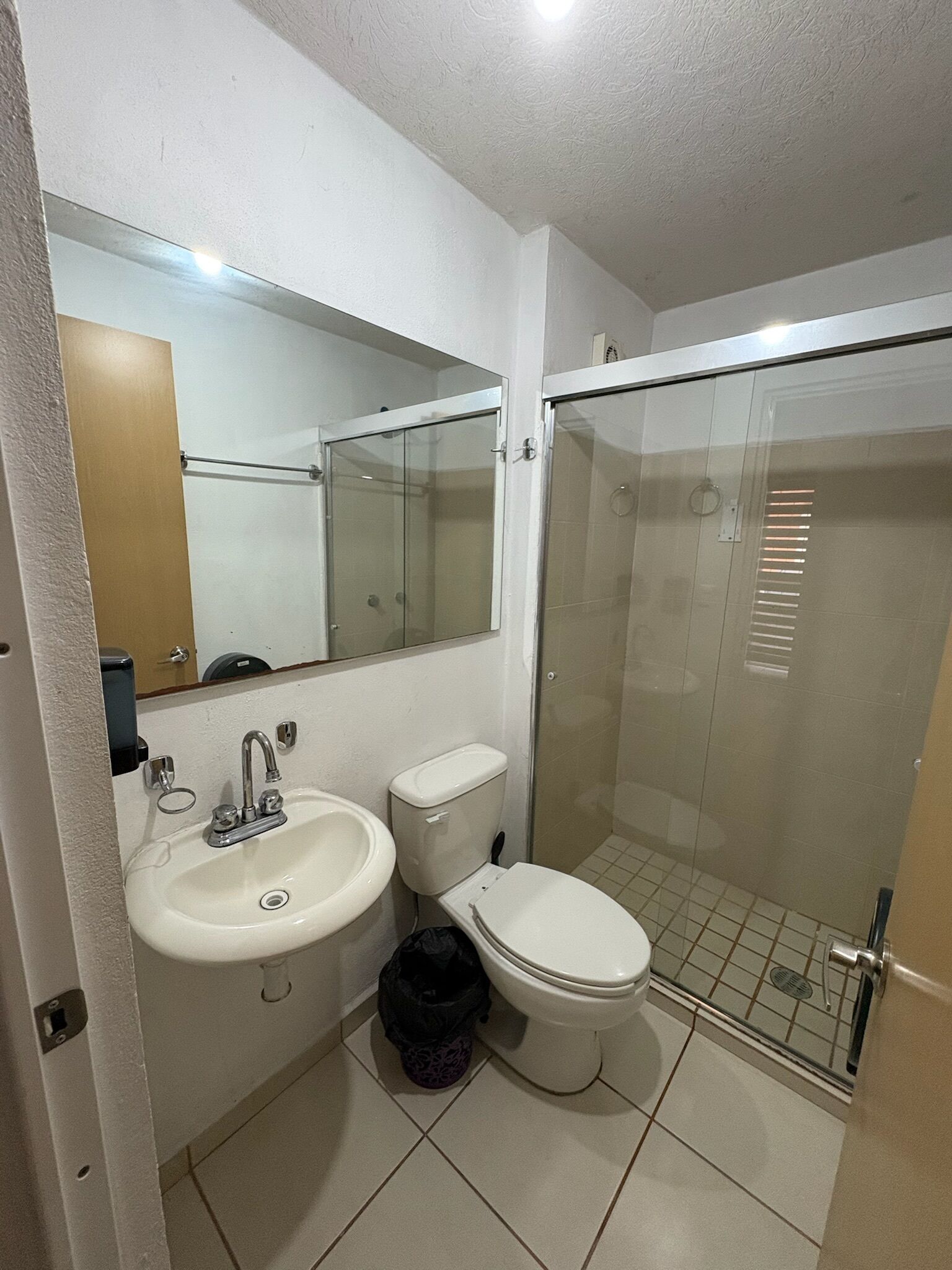 A bathroom with a sink, toilet, and glass-enclosed shower.