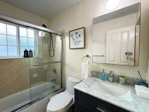 Shower, hair dryer, towels, soap