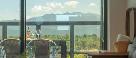 A dining area with a table set for two, a bottle of wine, and a glass. Outside, there is a view of mountains and greenery through large windows.