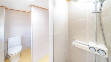 Un baño con inodoro, ducha con cabezal de ducha manual y panel de control.