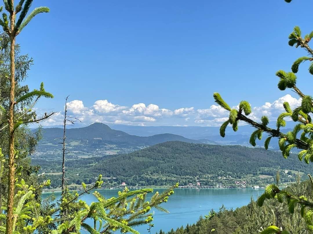 A scenic view of a lake with mountains in the background and a bridge in the distance.