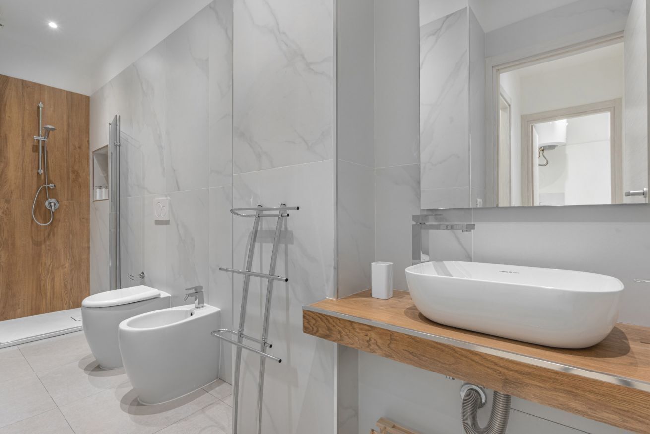 Shower, hair dryer, bidet, towels