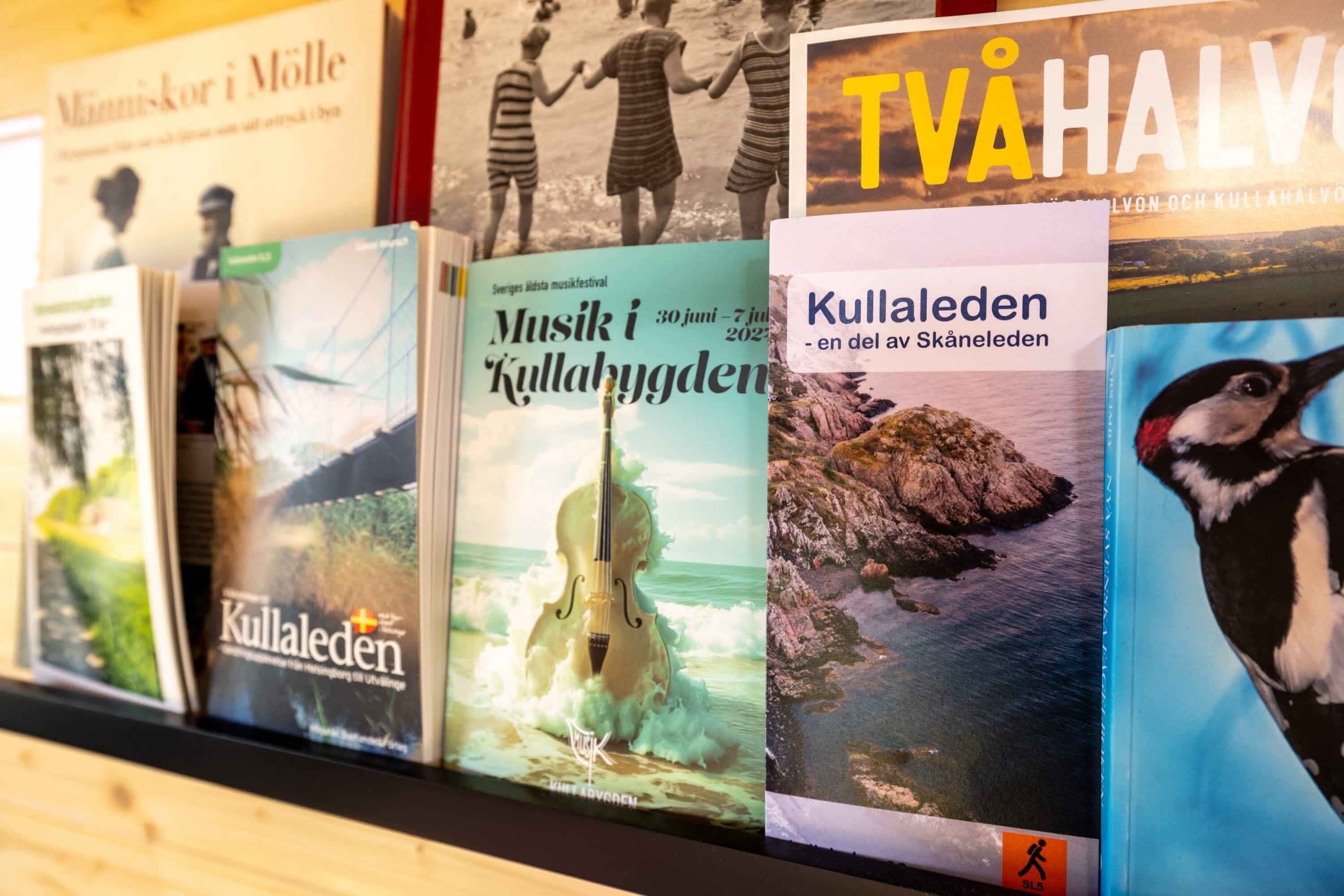 Una hilera de libros con títulos relacionados con la cultura y la música sueca, expuestos en una estantería.