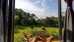 Une terrasse en bois avec deux chaises donnant sur un champ verdoyant où paissent des vaches.