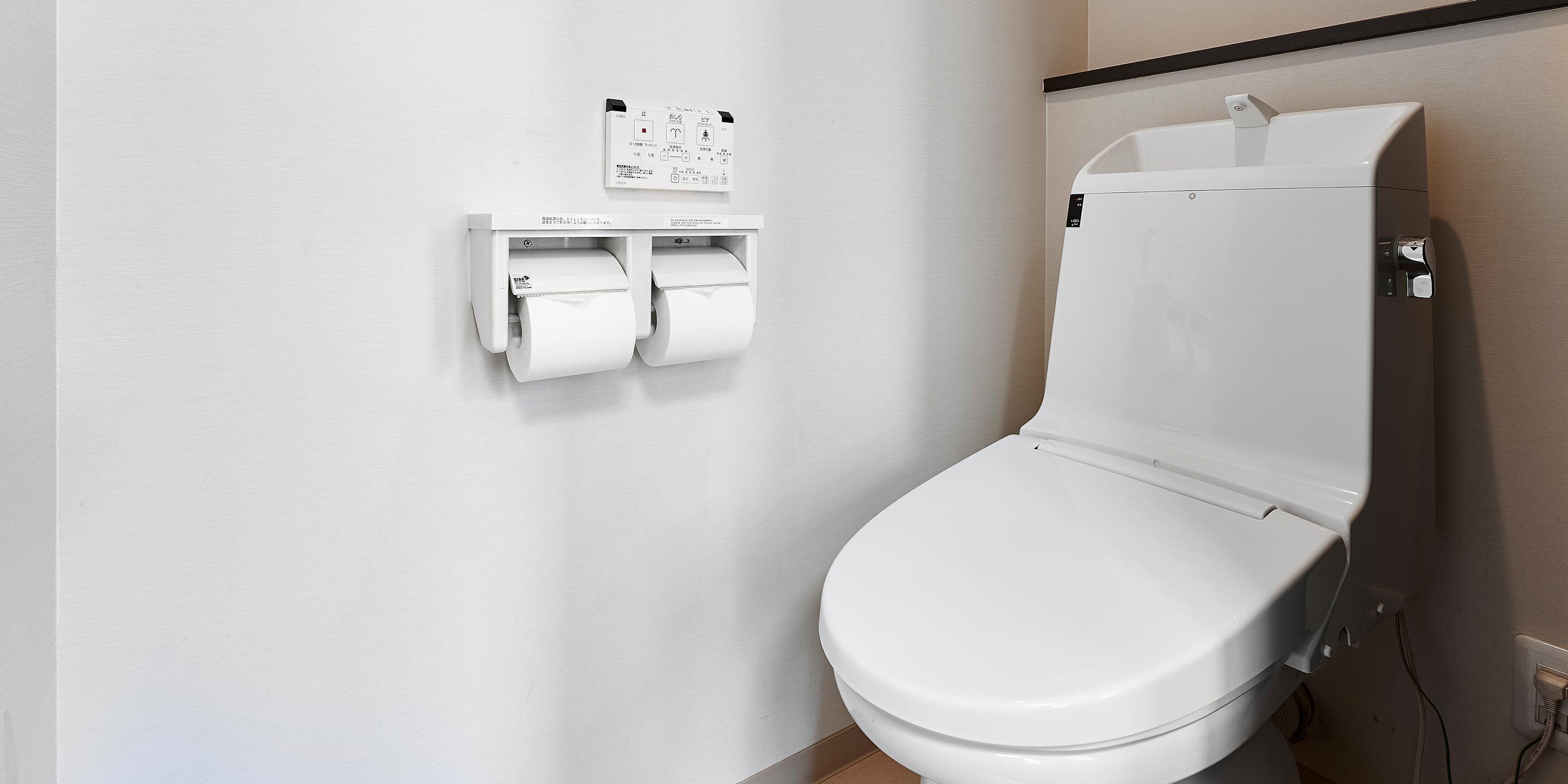 A white toilet with a flush handle, a wall-mounted flush control panel, and two rolls of toilet paper.