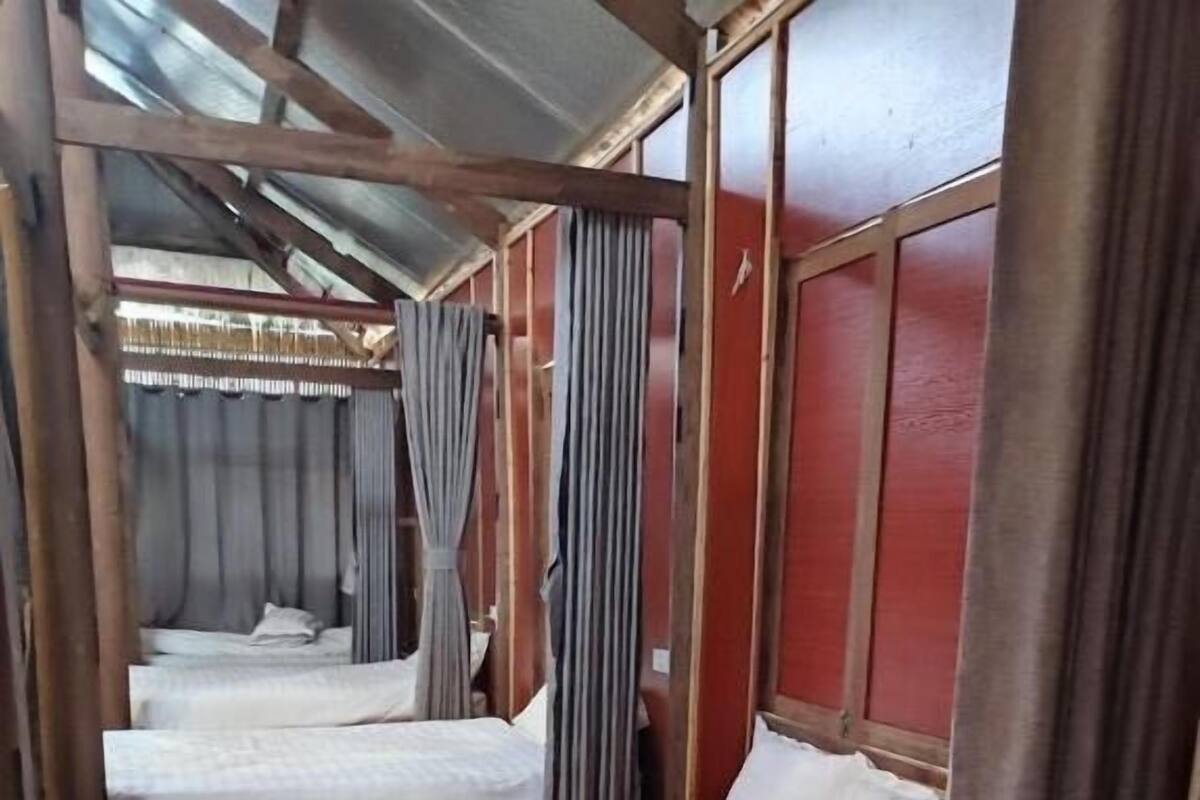 A row of single beds with white linens, wooden headboards, and curtains.