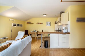 A compact living space with a kitchenette, a dining area, and a lounge area with a chair and a small table.