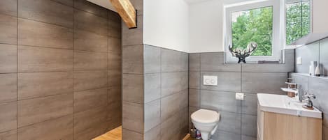 Shower, hair dryer, towels