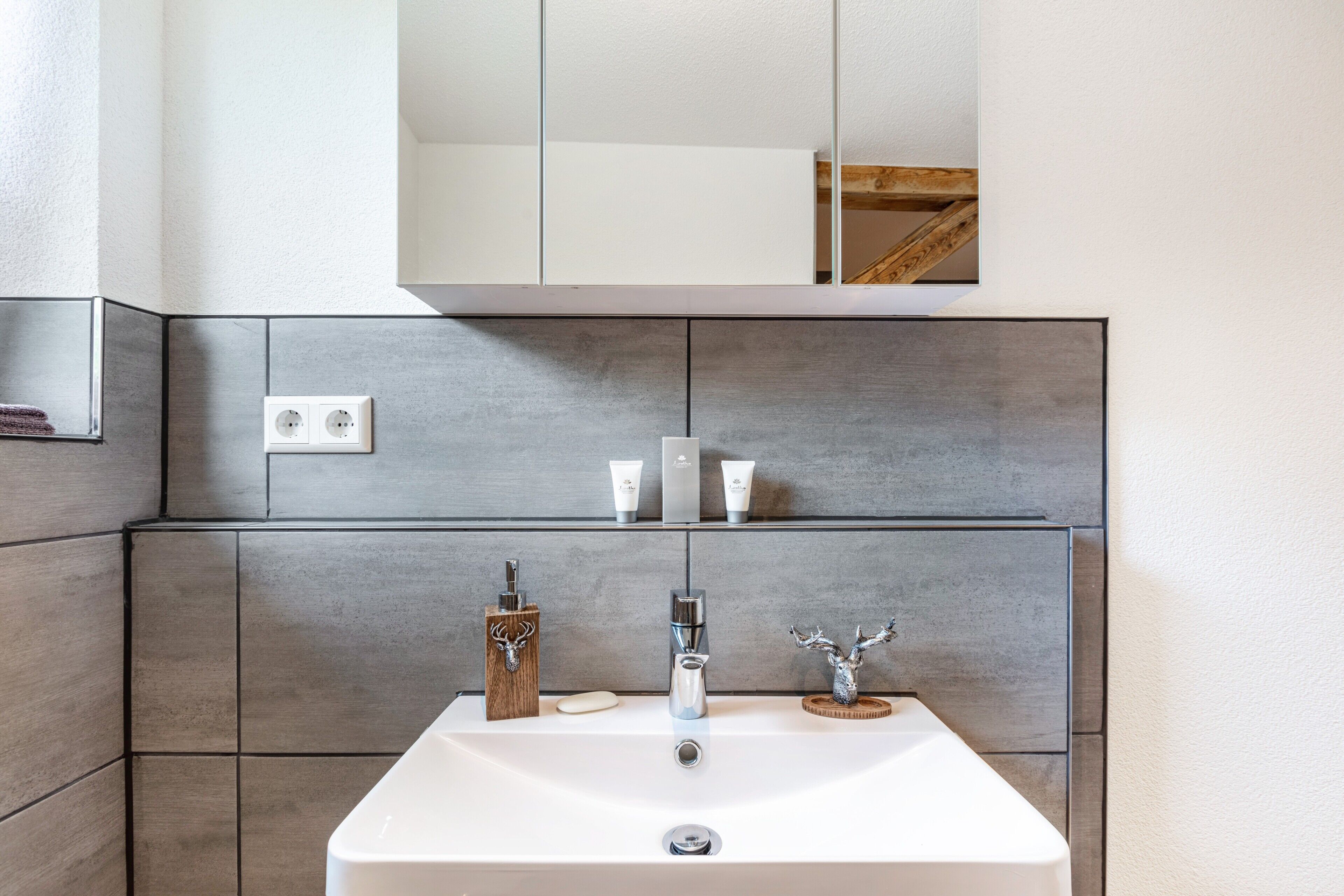 A bathroom with a white sink, a mirror above, and a shelf with toiletries.