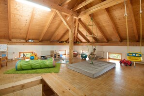 A spacious room with a high wooden ceiling, a green play area, a large window, and a wooden floor.