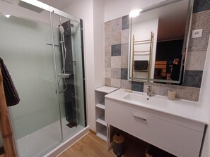 Shower, hair dryer, towels, toilet paper