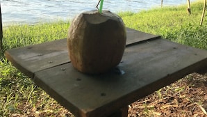 A coconut with a straw on a wooden table by a lake with mountains in the background. - Happy field homesaty (Phong Nha)