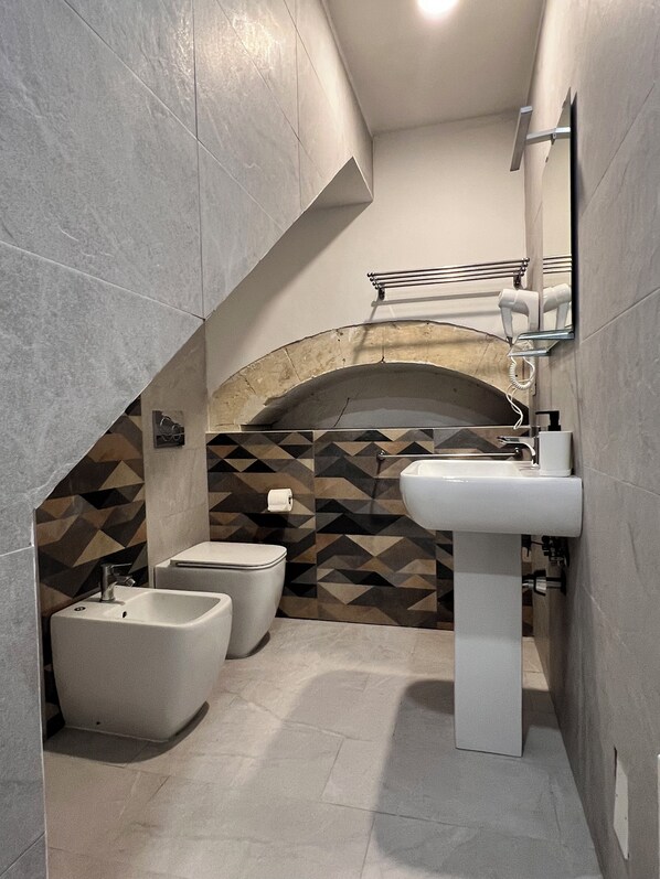 Een moderne badkamer met een groot wastafel, bidet en een spiegel boven de wastafel.