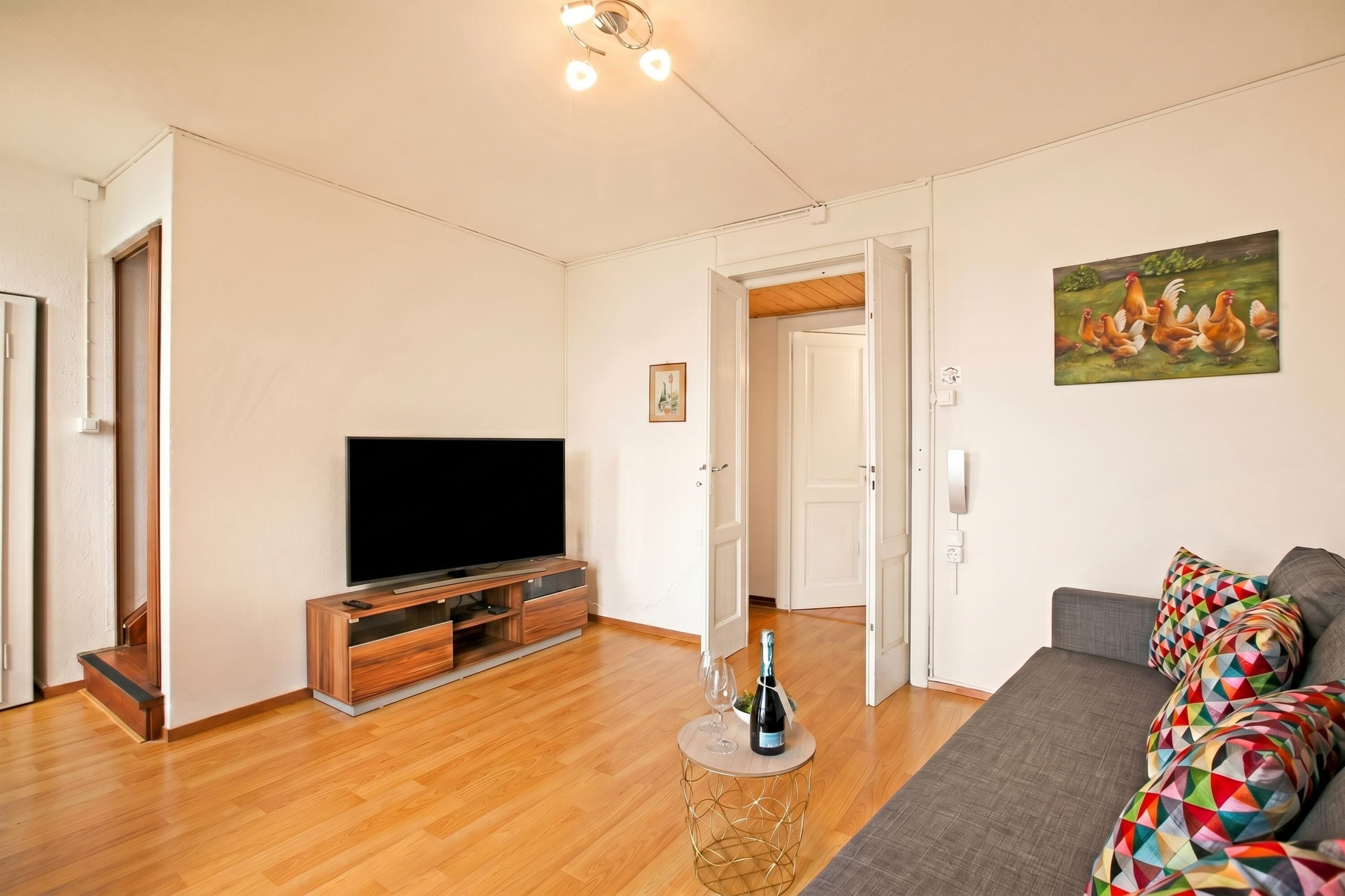 Een woonkamer met een flatscreen televisie, houten vloeren, een grijze bank, kleurrijke kussens en een schilderij van kippen aan de muur.