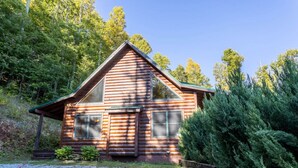 Une cabane en rondins avec un toit triangulaire, de grandes fenêtres et une véranda en bois.