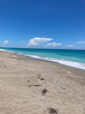 On the beach, sun-loungers, beach towels