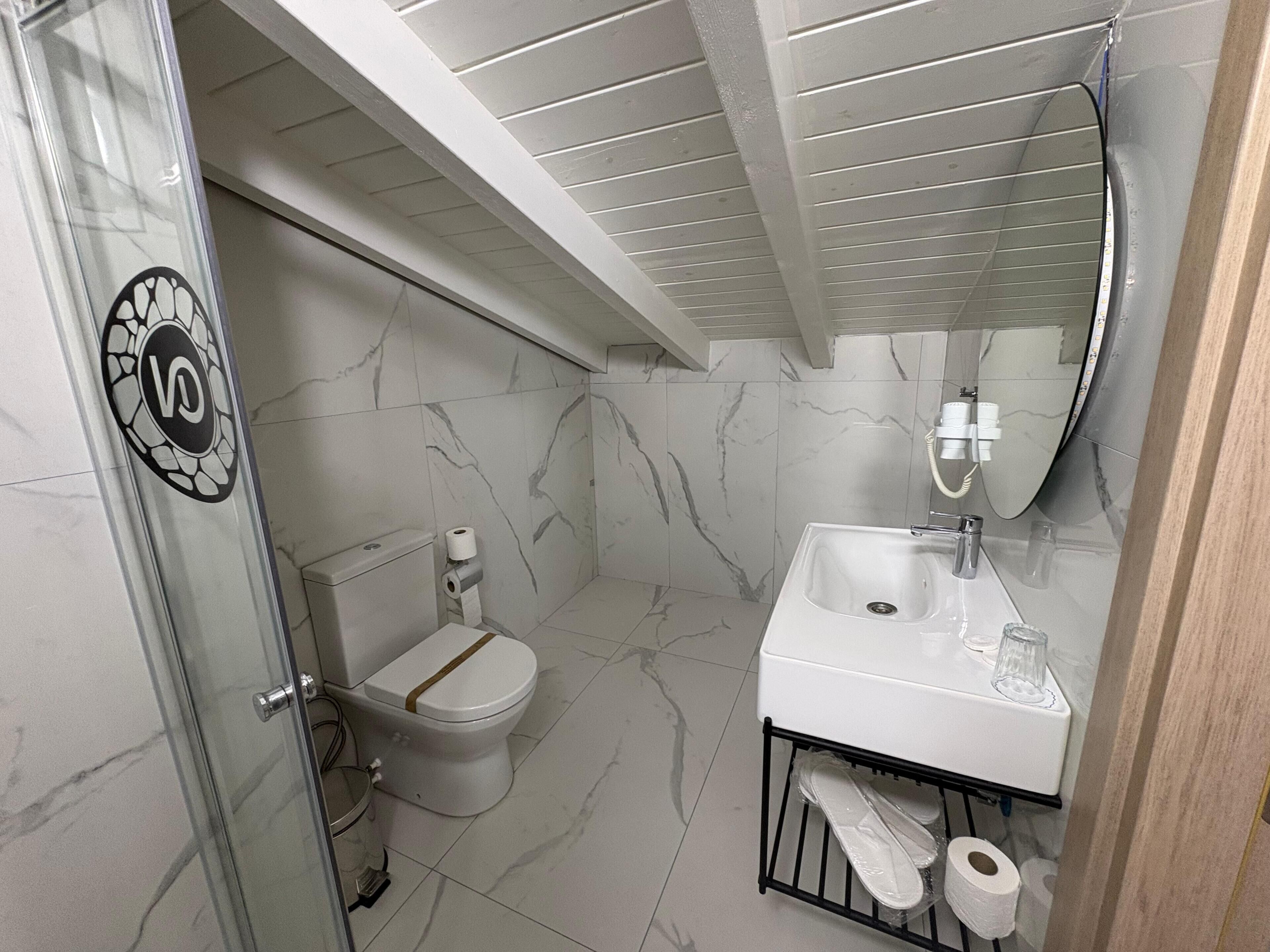 Un baño con inodoro, lavabo y ducha.