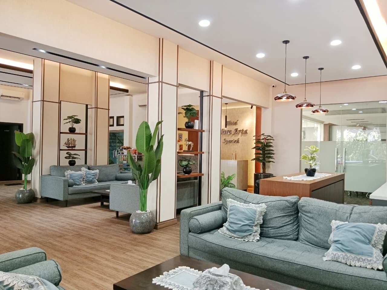 A modern living room with a sofa, coffee table, and decorative plants.
