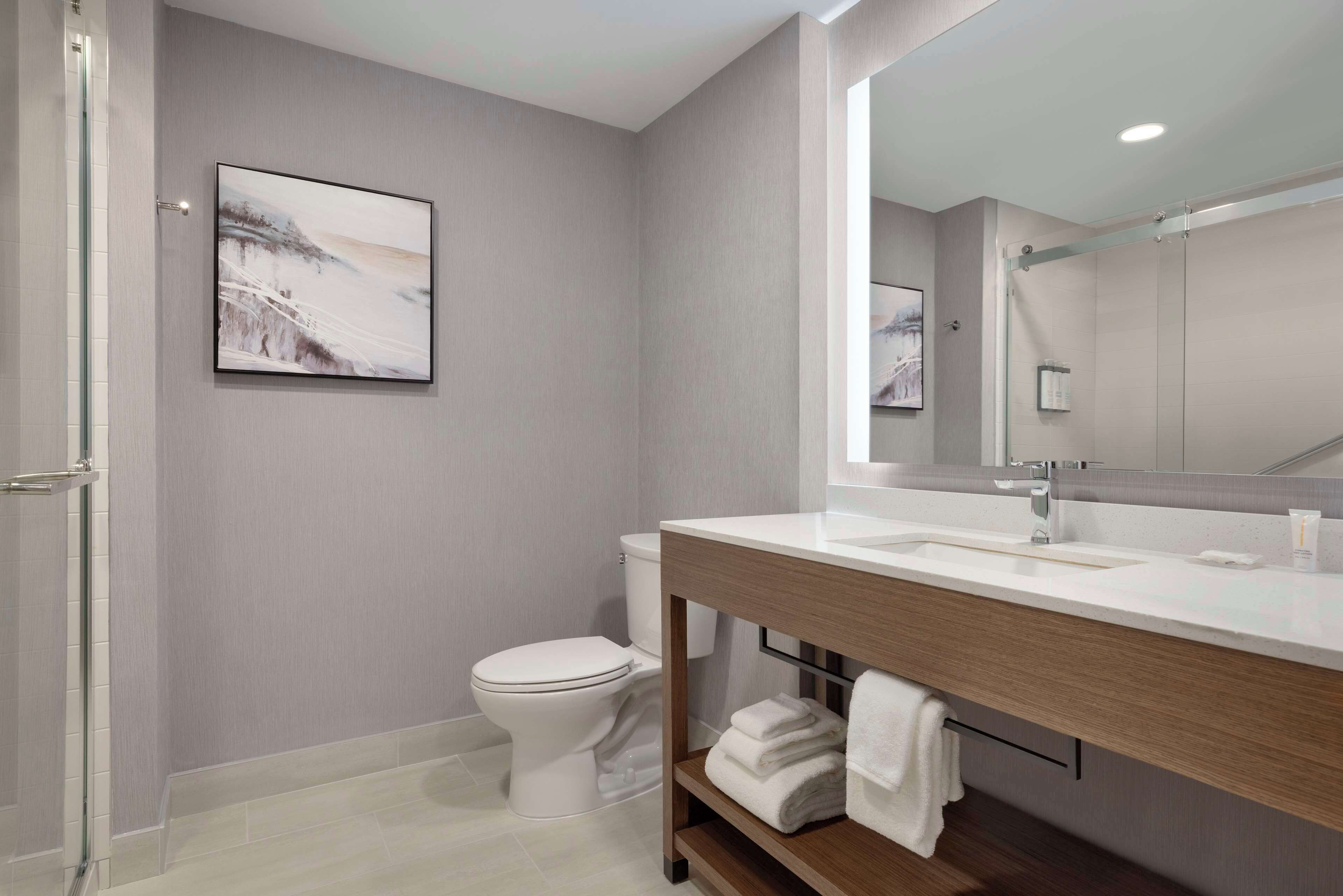 A modern bathroom with a toilet, sink, and mirror.