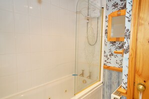 Cottage | Bathroom | Combined shower/tub, deep soaking tub, hair dryer, towels - Traditional 2 Bedroom Cottage in Eyam, Hope Valley (Hope Valley)