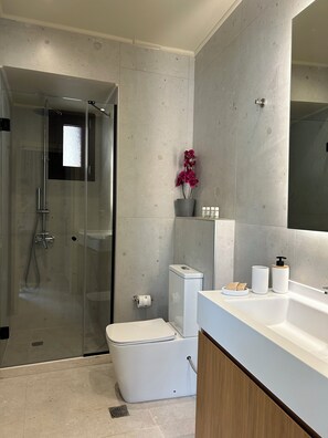 A modern bathroom with a glass-enclosed shower, a white toilet, and a vanity with a mirror. - Centro Vero Suites by Omilos Hotels (Heraklion)