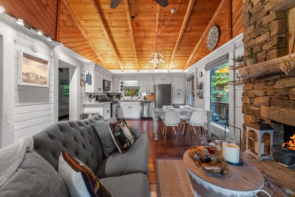 Smart TV, fireplace, books