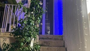 Un escalier, avec une plante sur le côté gauche et une porte illuminée en bleu en haut.