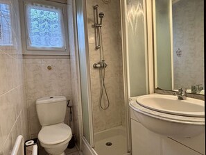 Bathroom features a shower, toilet, and sink with a mirror.