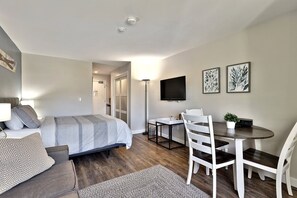1 bedroom, desk, iron/ironing board, travel cot