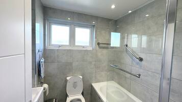 Shower, towels, toilet paper