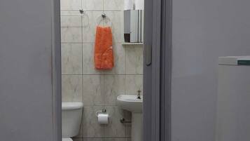 Regadera, toallas, jabón, papel de baño