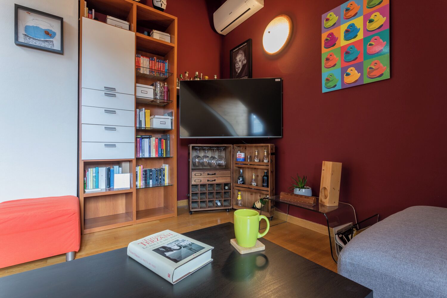Een gezellige kamer met een boekenkast, een flatscreen-tv, een bijzettafeltje met een boek en mok, en een kleurrijk kunstwerk aan de muur.