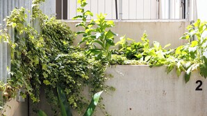 A small outdoor seating area with two green chairs and a table, surrounded by a concrete wall and lush greenery. - BOHO Studio - Augarten City Apartment (Vienna)