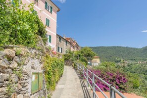 A stone pathway leading to a row of traditional buildings with green shutters, surrounded by lush greenery and hills in the background. - Emma House, Terrace and Sea View, Moneglia (Moneglia)