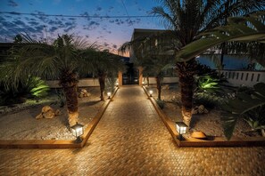 Un chemin pavé menant à l’entrée d’un bâtiment, bordé de palmiers et éclairé par des lampadaires.