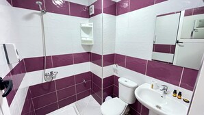 Secadora de cabello, toallas, jabón, papel de baño 