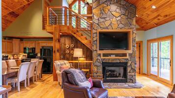 Smart TV, fireplace, books, video library