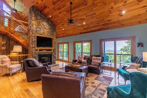 Smart TV, fireplace, books, video library