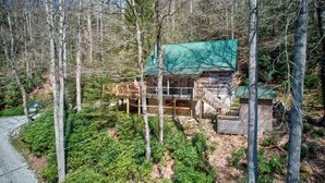 Une cabane avec un toit végétalisé, une terrasse en bois et un petit porche.