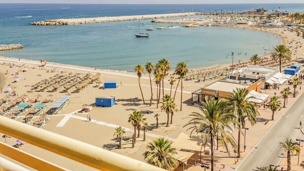 Un complejo turístico frente al mar con puerto deportivo, playa y palmeras.